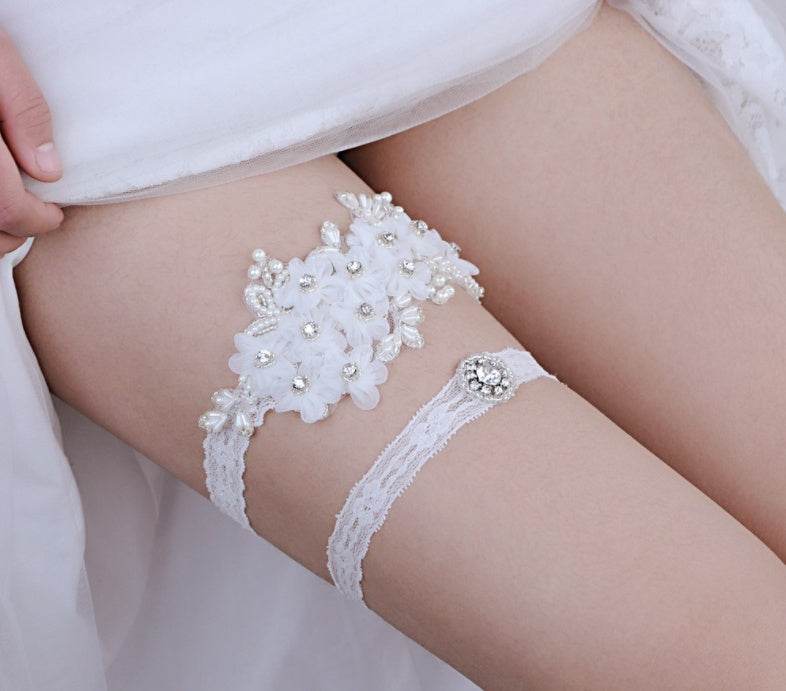 Bridal Rhinestone Garter Belt Pearl Flower Leg Socks Elastic - Mubimart