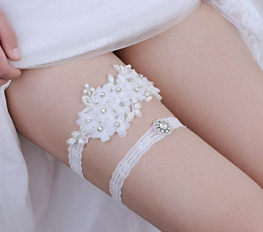 Bridal Rhinestone Garter Belt Pearl Flower Leg Socks Elastic - Mubimart