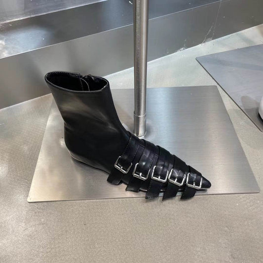 Belt Buckle Pointed Toe Flat Zipper Ankle Boots - Mubimart