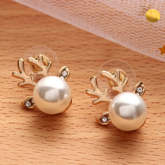 Stud Earrings Christmas Pearl Antlers Earrings