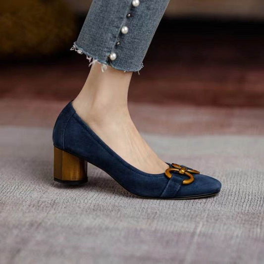 Blue Square Toe Pumps Single Women's Shoes - Mubimart