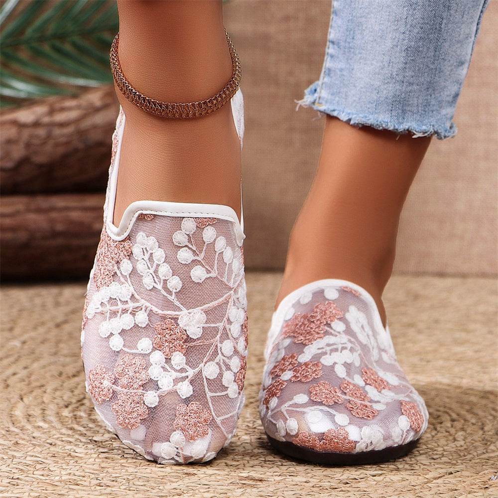 New Lace Embroidered Flat Shoes Summer Breathable Casual Loafers For Women - Mubimart
