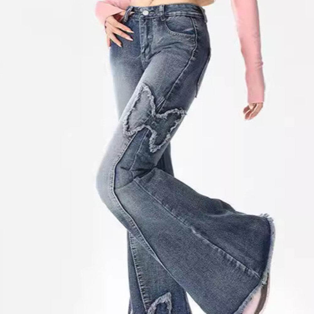American Retro Butterfly Embroidery Slightly Flared Jeans Women - Mubimart