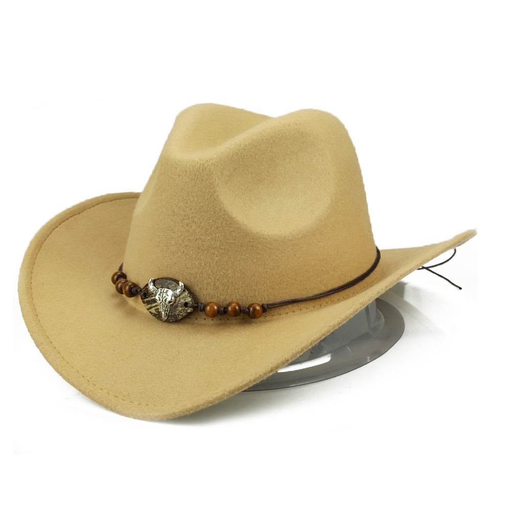 Western Cowboy Hat Wooden Bead Bull Head Fedora Hat - Mubimart