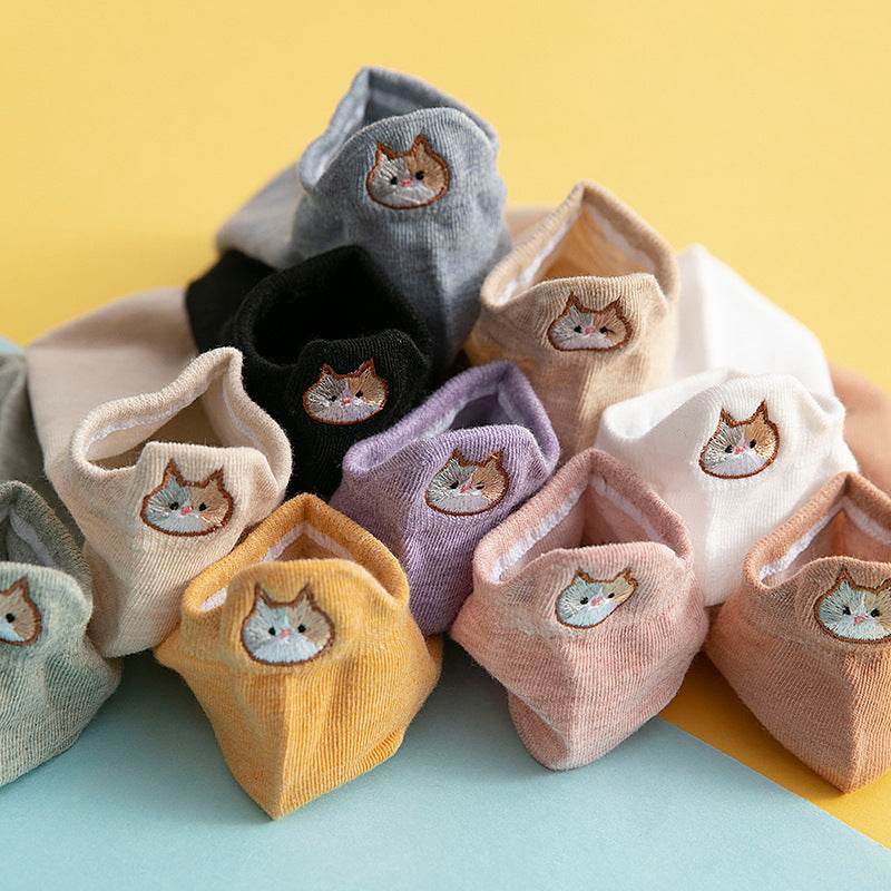Socks Female Embroidered Cat Boat Socks Shallow Mouth Cute Low Waist - Mubimart