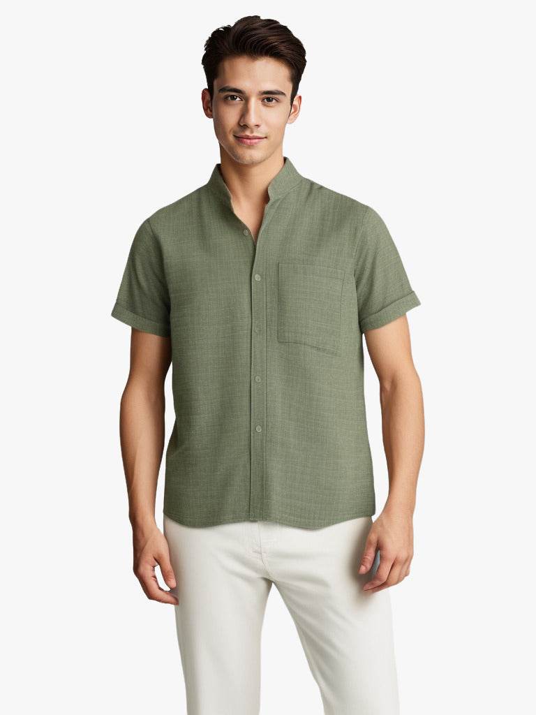 Solid-color Short-sleeved Lapel Shirt Summer Breathable Cotton And Linen Top Mens Clothing - Mubimart