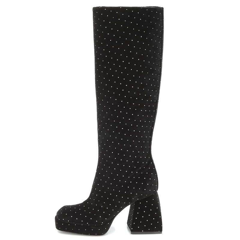 Thick High-heeled Platform Catwalk Boots, Leather Square Toe Boots - Mubimart