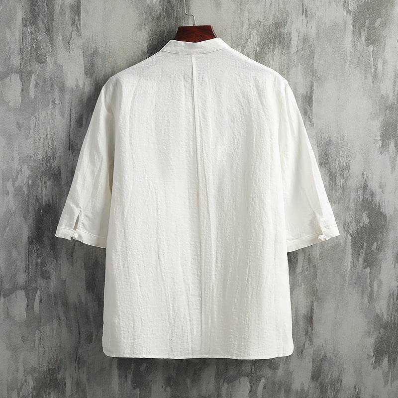 Stand Collar Linen Men's Short Sleeve Cotton Linen Shirt - Mubimart