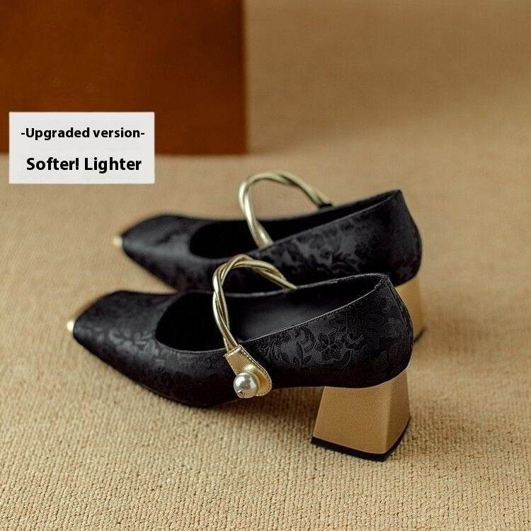 Chinese Style French Entry Lux Embossed Silk Kitten Heels Matching Square Head With Thick - Mubimart