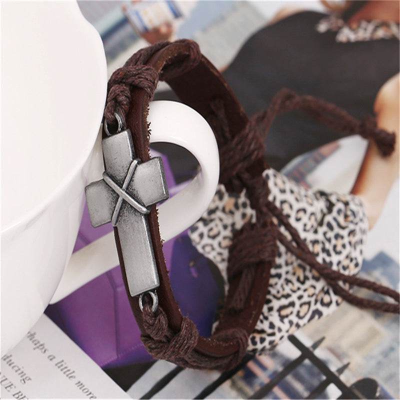Brown Leather Cross Bracelets - Mubimart