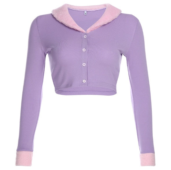 Purple Women Long Sleeve Crop Top - Mubimart -  