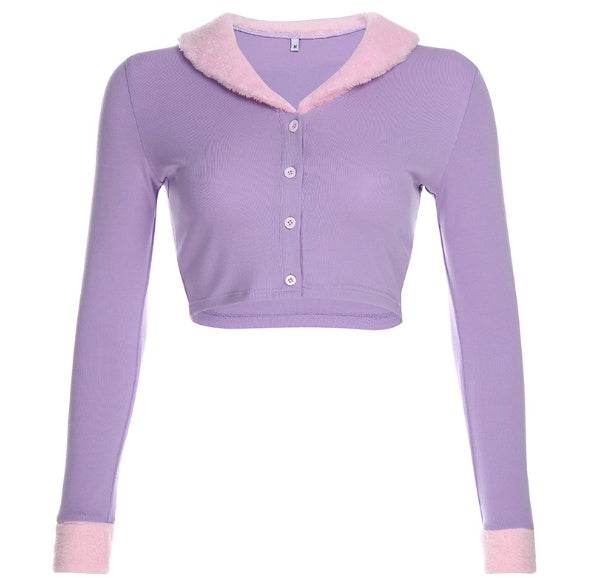 Purple Women Long Sleeve Crop Top - Mubimart