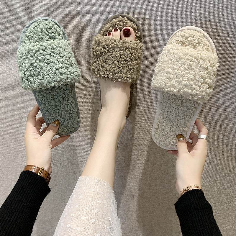 Sheep curl women slippers suitable for non-slip cotton slippers - Mubimart