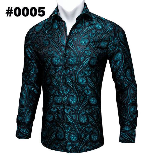 Barry.Wang Teal Paisley Floral Silk Shirts Men Autumn Long Sleeve Casual Flower Shirts For Men Designer Fit Dress Shirt BCY-05 - Mubimart