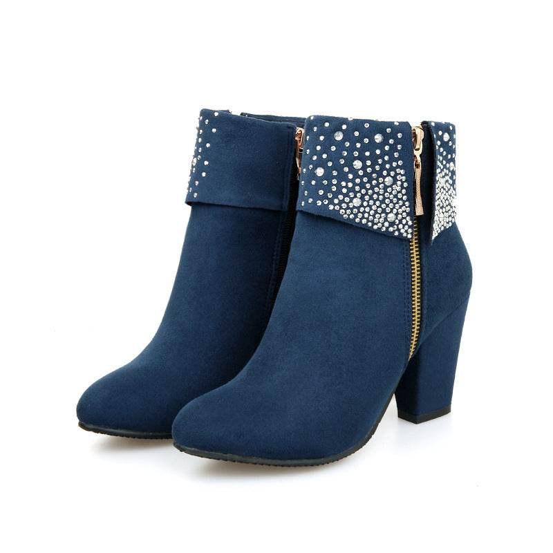 Rhinestone nubuck short heel women boots - Mubimart
