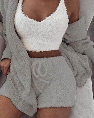 3pcs Womens Clothing Long Sleeve Crop Tank Top And Drawstring Shorts Pajama Set - Mubimart