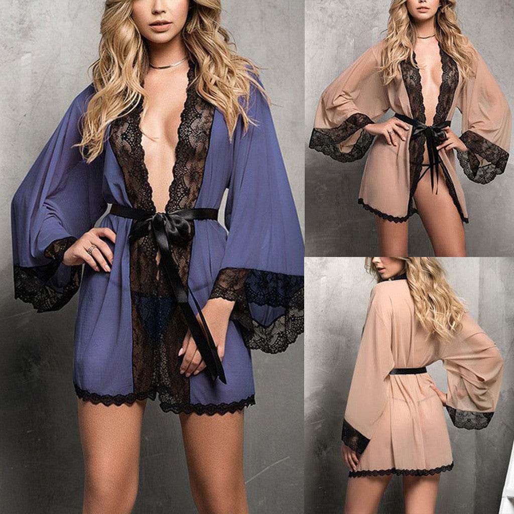 Sexy plus size women's lace bathrobe lace nightgown - Mubimart