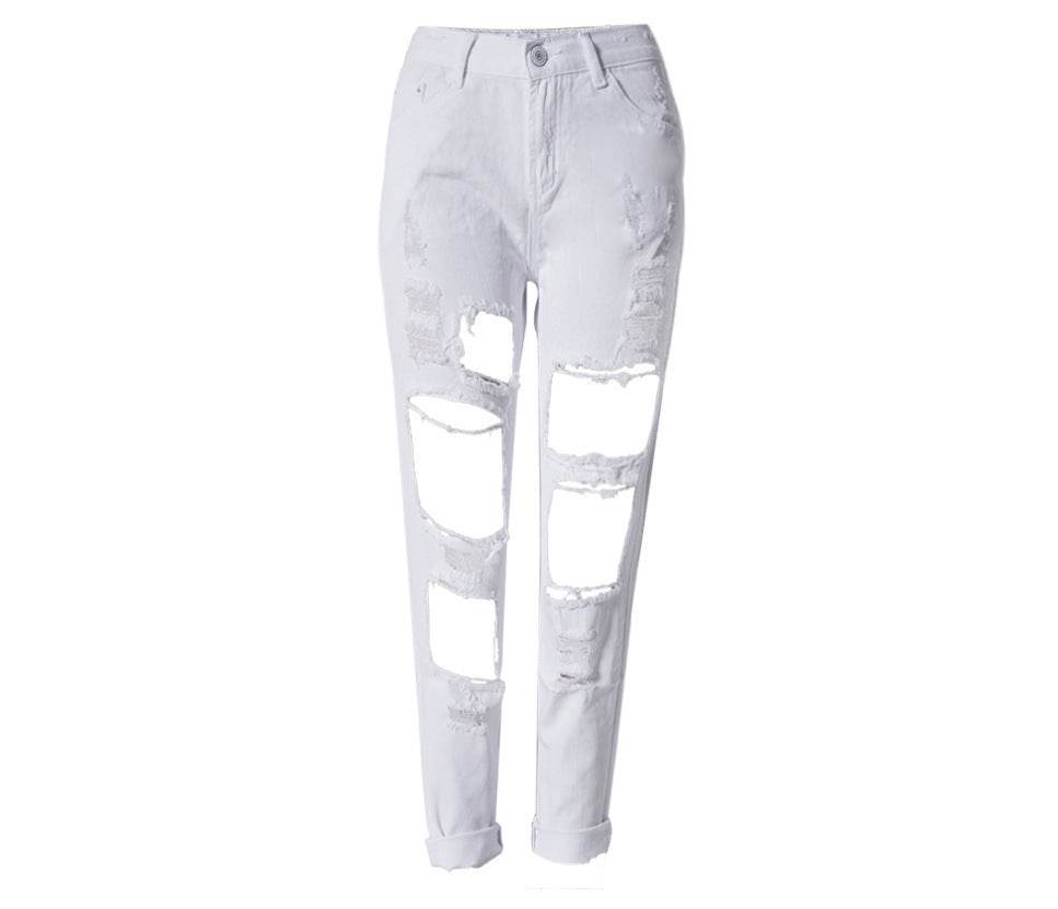 Ripped Jeans High Waist Women Ripped Hole Knee Skinny Pants - Mubimart