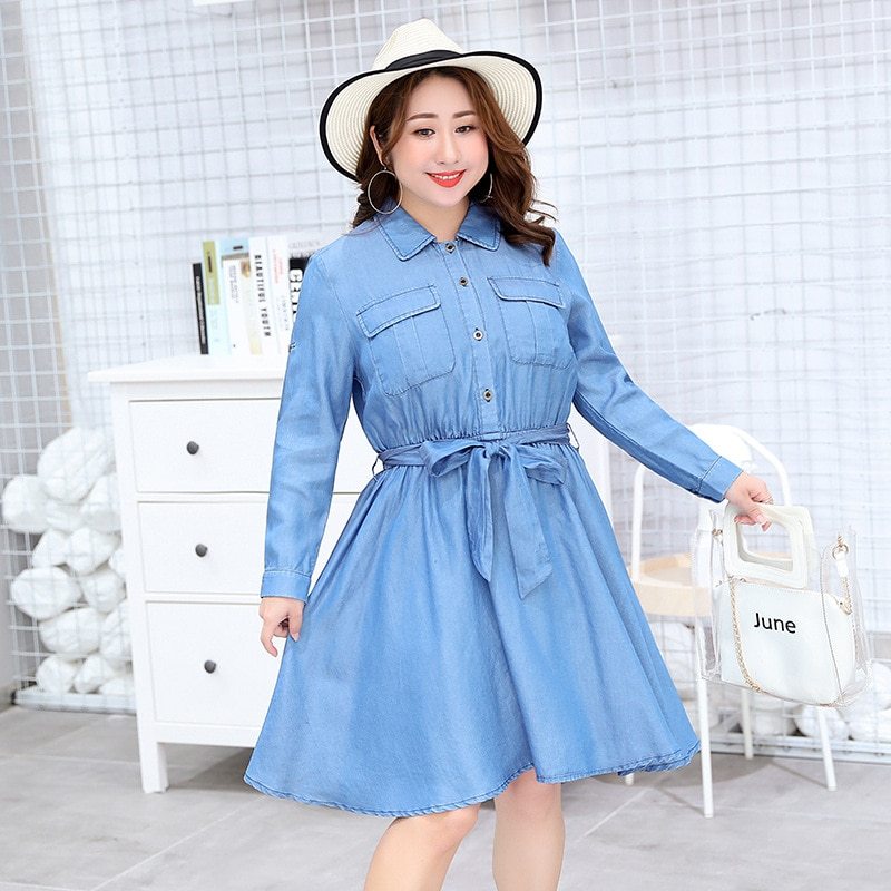 Tencel Denim Simple Plus Size Women's Long Sleeve Dress Denim Plus Size Skirt - Mubimart - Denim Dress 