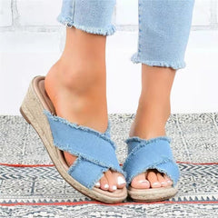 Espadrille-Sandalen mit Keilabsatz und überkreuzten Riemen für Damen