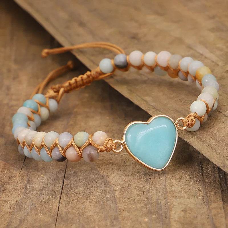 Classic Heart Shape Charm Bracelets Amazonite String Braided Macrame Wristband Teengirls Wrap Bracelet Femme Women Jewelry - Mubimart