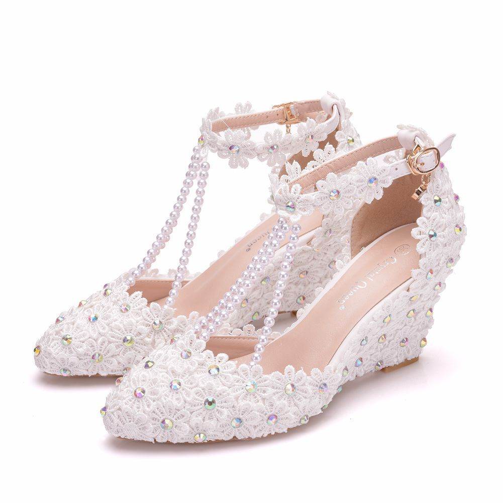Rhinestone Wedge Lace Sandals - Mubimart