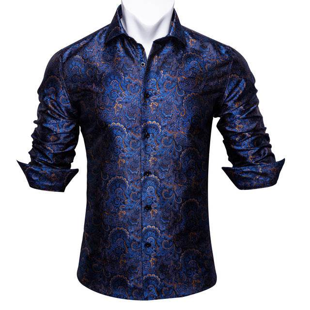 Barry.Wang Teal Paisley Floral Silk Shirts Men Autumn Long Sleeve Casual Flower Shirts For Men Designer Fit Dress Shirt BCY-05 - Mubimart