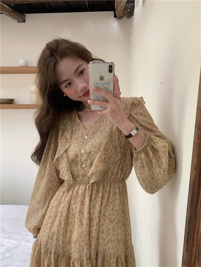 Retro Elegance Chiffon Midi Dress - Mubimart