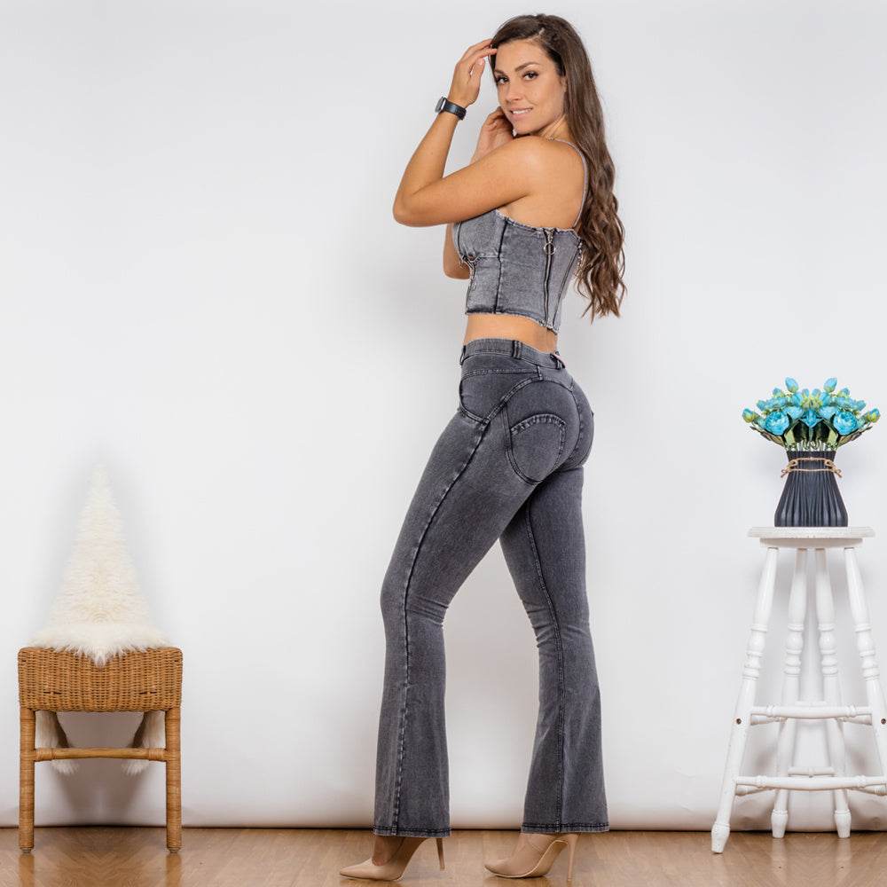 Shascullfites Shaper Suit Grey Denim Bodysuit Zipper Push Up Top Middle Waist Butt Lift Flare Jeans Women Two Piece Outfits - Mubimart