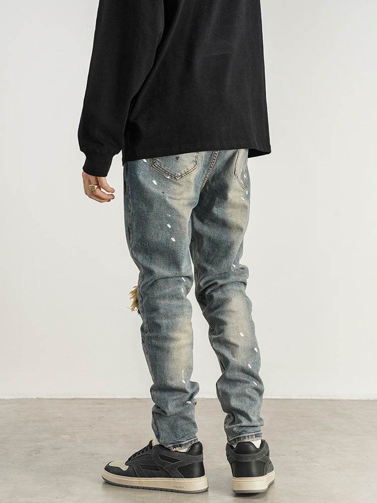 Slim-fit Slim-fit Jeans With Splashed Ink And Ripped Patches - Mubimart