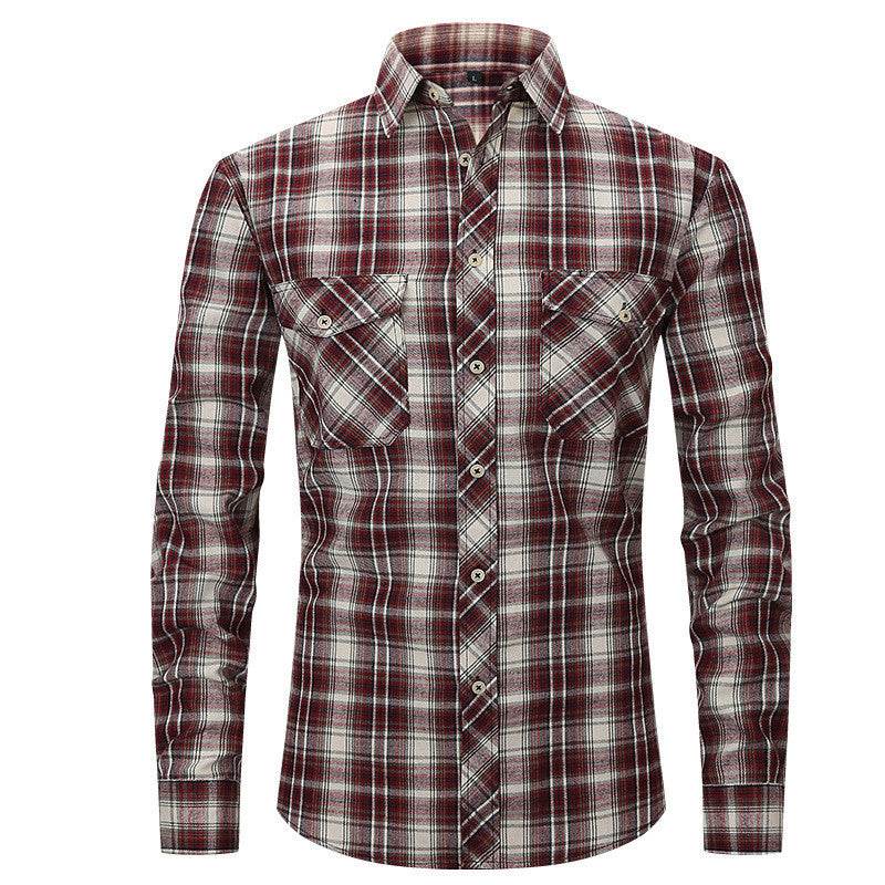 Men's Long Sleeve Double Pocket Flannel Shirt With Brushed Plaid - Mubimart