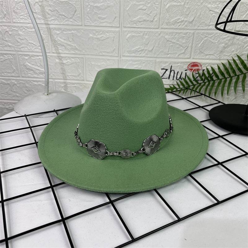 Hat Silver Square Chain Top Hat Wide Brim Flat Edge Woolen Fedora Hat - Mubimart