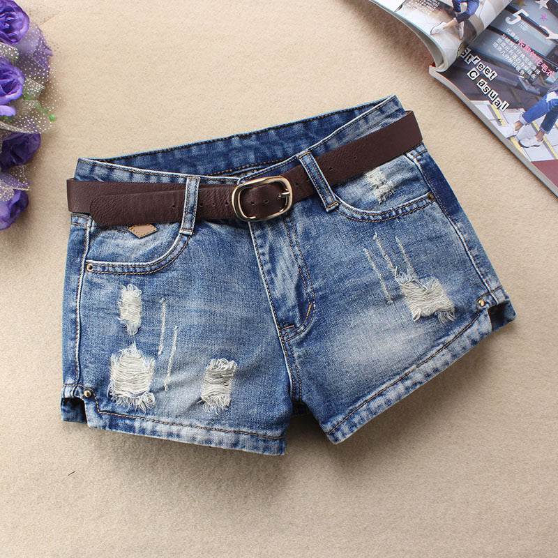 Women Denim Shorts Mini Rivet Holes Jeans Low Waist - Mubimart
