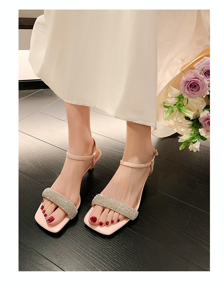 Women's New Summer Fairy Style Mid Heel Square Toe Open Toe Classy Stilettos Rhinestone Strap Women's Sandals