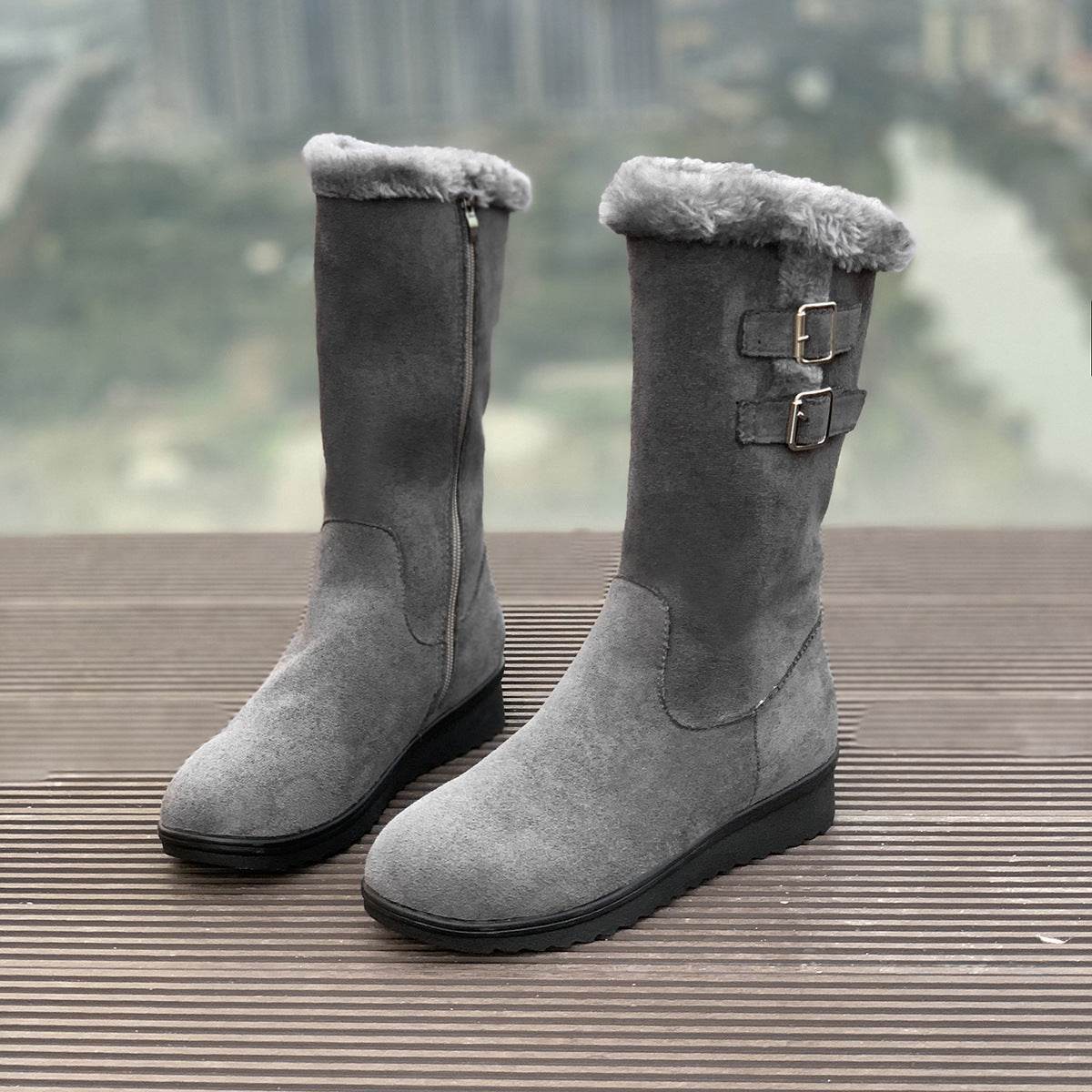Fleece-lined Thick Mid-calf Martin Boots Wedge Heel - Mubimart