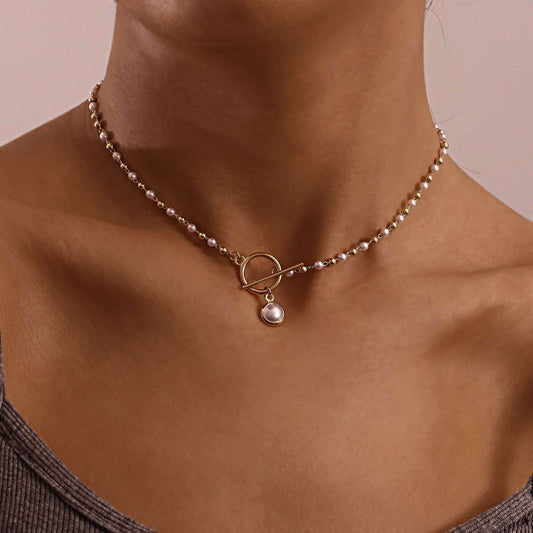 Simple Pearl Chain OT Buckle Necklace Women - Mubimart