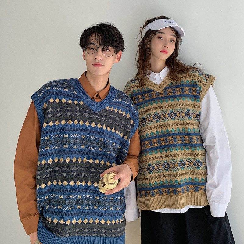 Ethnic style jacquard sweater vest - Mubimart