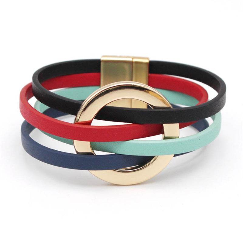 Cross Leather Women Bracelet Metal Big Ring Cuff Bangle Multi-layer Wristband Magnetic Snap Bangle - Mubimart