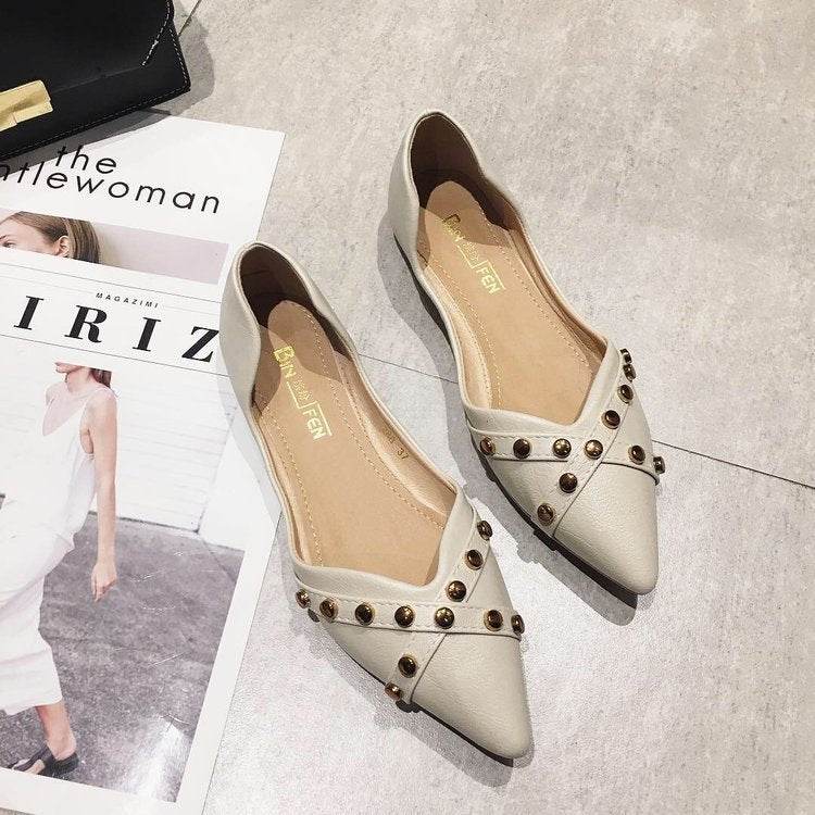 Pointed toe black flat shoes - Mubimart