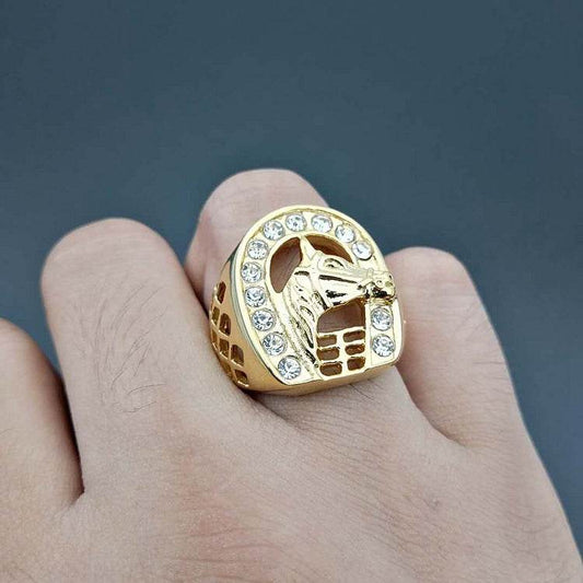 Titanium Steel Gold Plated Diamond Horse Head Ring For Men - Mubimart