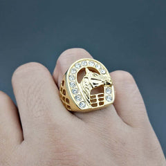 Titanium Steel Gold Plated Diamond Horse Head Ring For Men