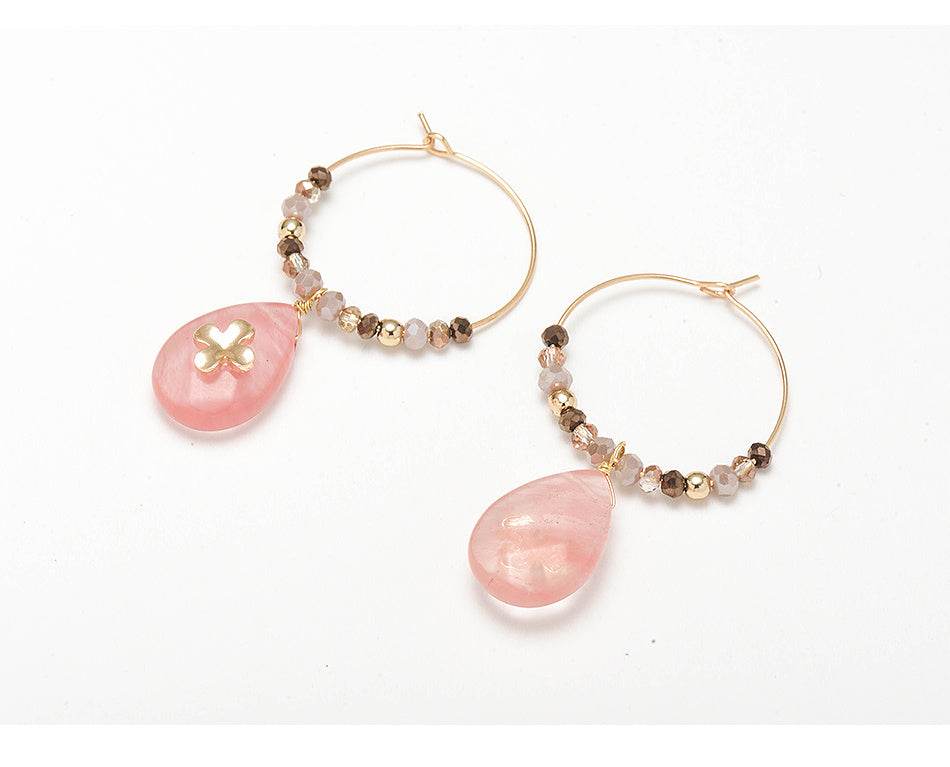 Women Fashion Natural Stone Hoop Earrings With Pink Waterdrop Stone - Mubimart