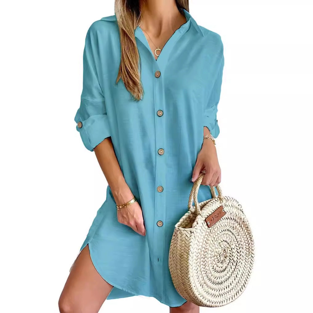 Autumn Leisure Long Sleeve Lapel Button Shirt Dress Womens Clothing - Mubimart -  