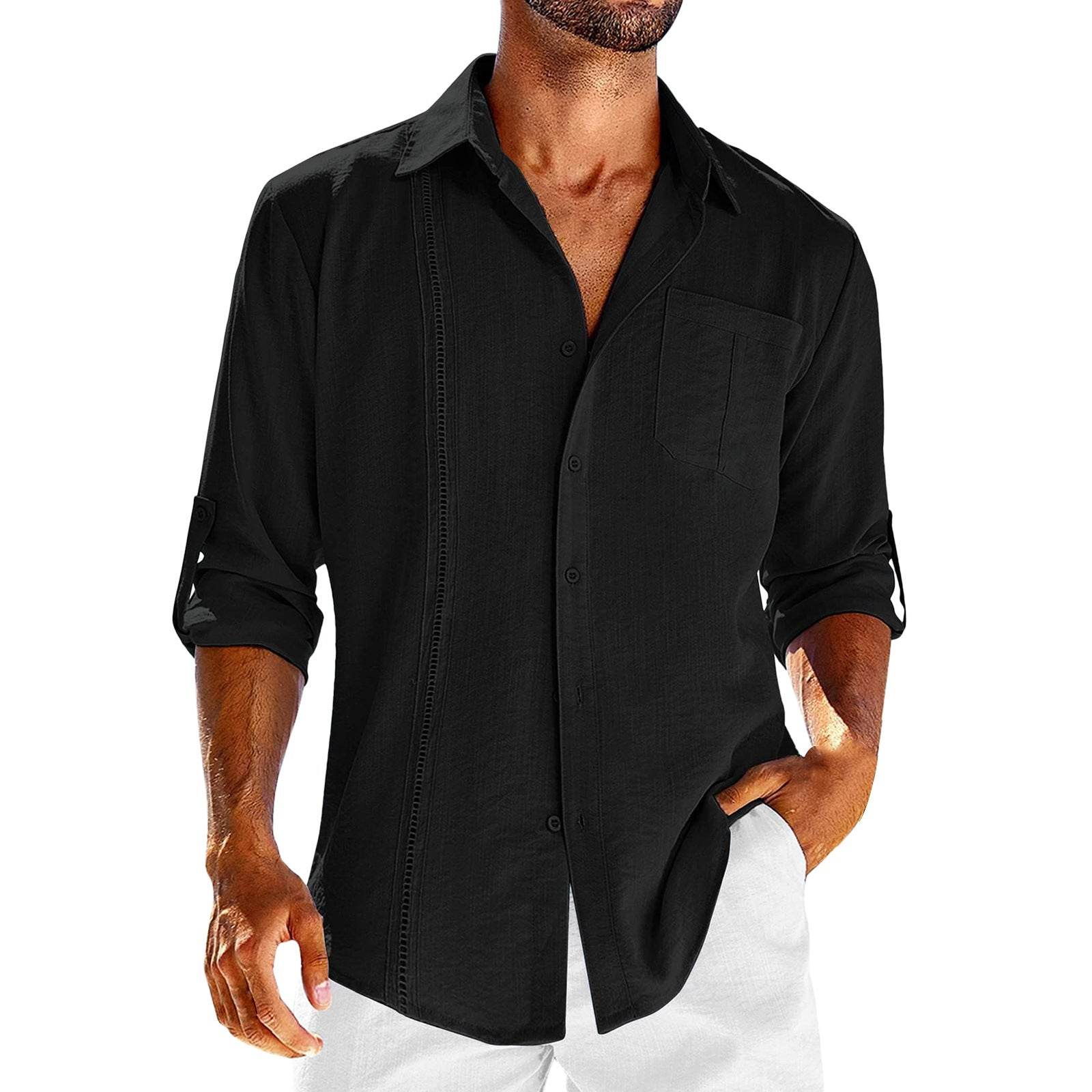 Casual Long Sleeve Shirt With Pocket Lace Polo Collar Solid Color Button Mens Clothing - Mubimart