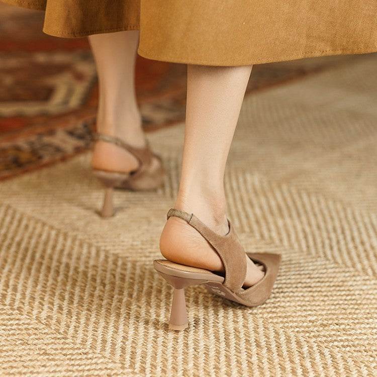 French Retro Pointed Toe Low-cut High Heels Closed Toe Slingback Sandals - Mubimart
