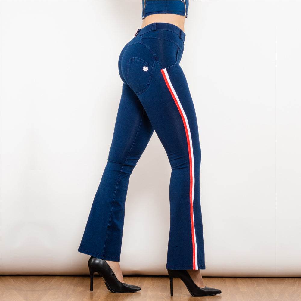 Shascullfites Melody Fashion White Red Side Stripe Flare Jeans Butt Lifting Female Casual Elasticity Dark Blue Denim Bell Pants - Mubimart