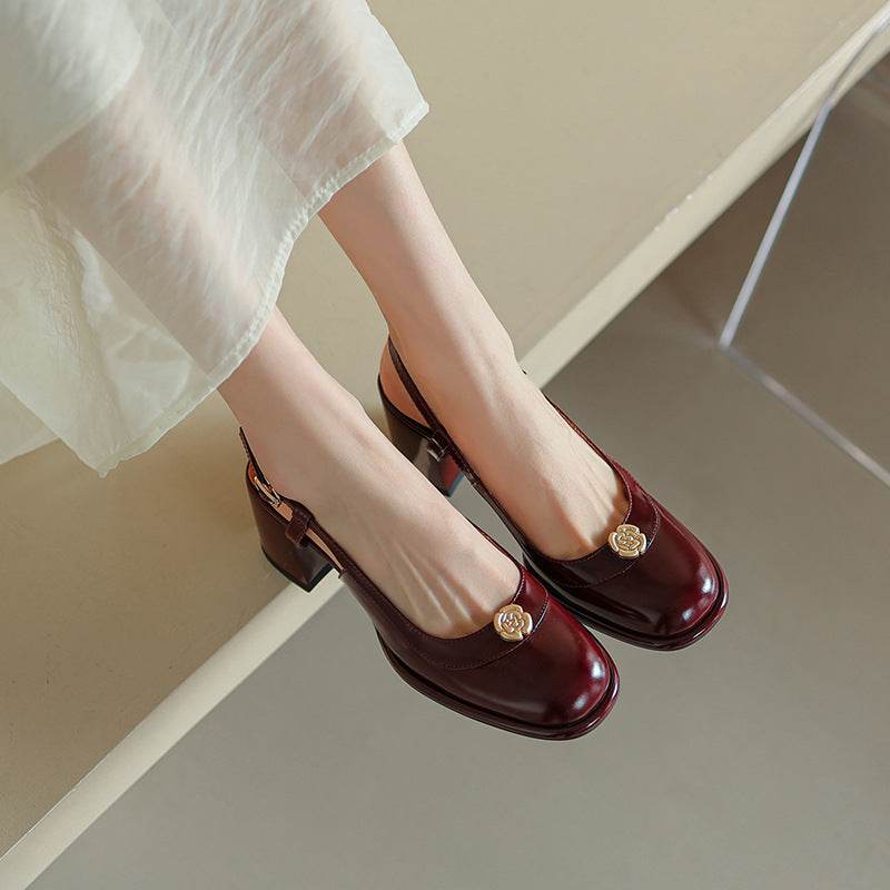 Thick High Heel Cowhide Toe Cap Slingback Sandals Women - Mubimart
