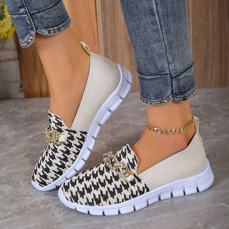 Lässige Houndstooth Print Kette Mesh Schuhe Sommer Walking Sport Flache Schuhe Frauen Atmungsaktive Slipper