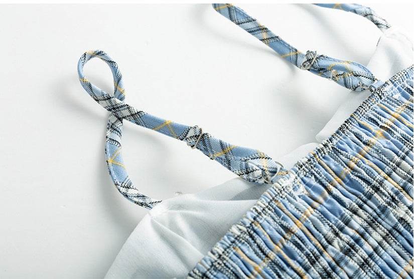 Summer Women's Camisole Ribbon Plaid Top - Mubimart