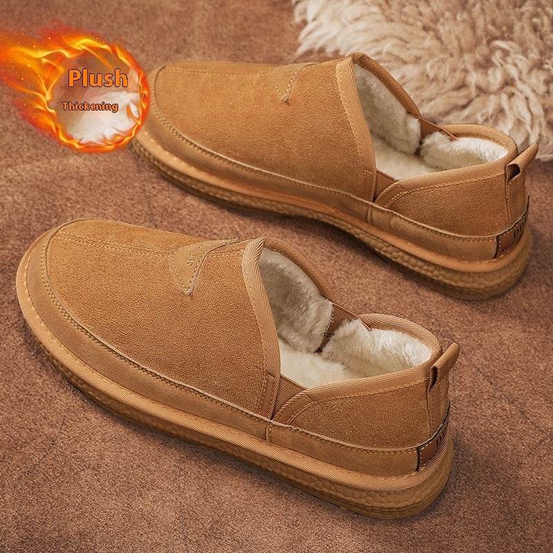V-cut Fleece Snow Boots Winter Warm Round-toed Suede Ankle Boot Fashion Simple Non-slip Flat Cotton Shoes For Men - Mubimart